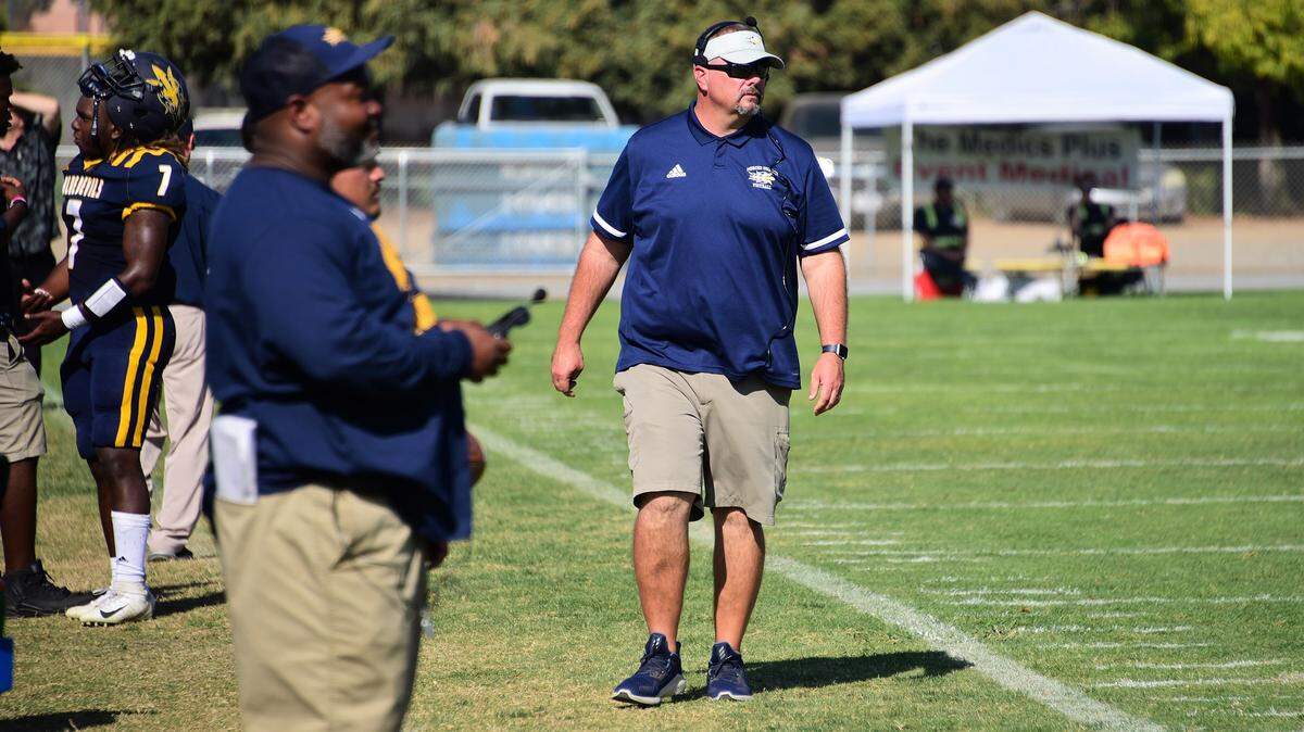 Merced College coach Bob Casey paces the sideline during the Blue Devils’ game against Hartnell College on Saturday, Oct. 26, 2019 at Stadium ’76.