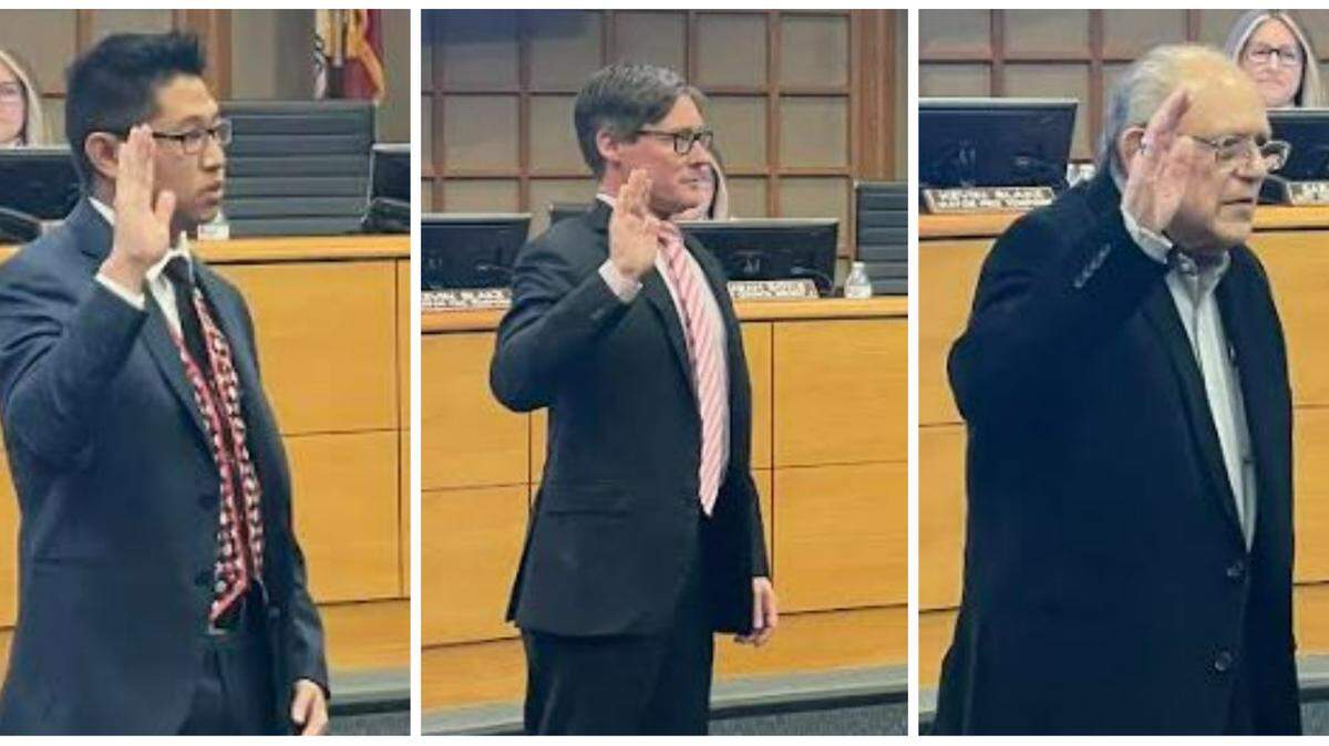 Ronnie De Anda, right, resigned from Merced City Council on Monday, Oct. 20, citing health reasons. Here, he is shown with Fue Xiong, left, and Shane Smith, center, taking the oath of office to join the council on Dec. 5, 2022. 