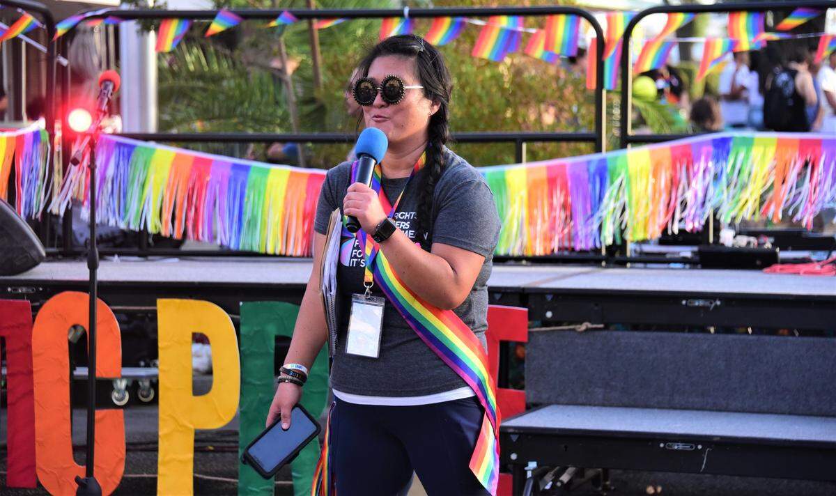 Merced Pride Center Executive Director Jennifer McQueen address the crowd during Merced Pride Fest on Saturday, Sept. 17, 2022.