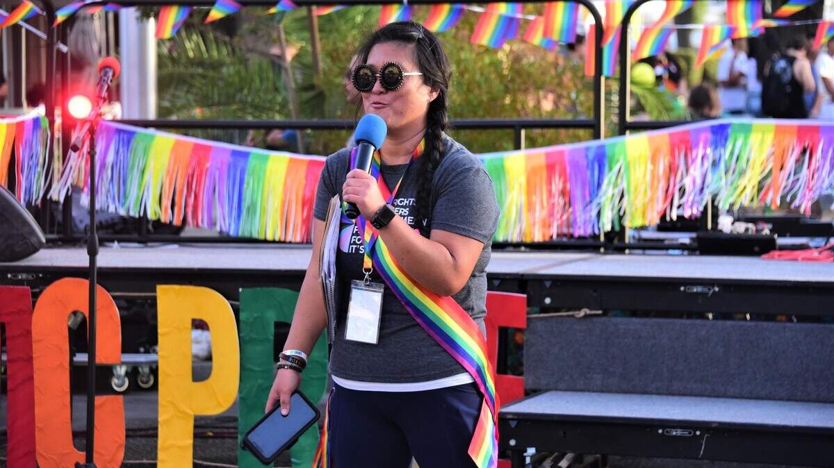 Merced Pride Center Executive Director Jennifer McQueen addresses the crowd during Merced Pride Fest in September 2022.