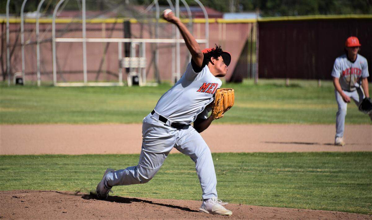 Merced High sophore pitcher EJ Knott delivers a pitch during a game against Golden Valley on Wednesday, April 13, 2022 at Doug Fister Field at Golden Valley High School in Merced, Calif.