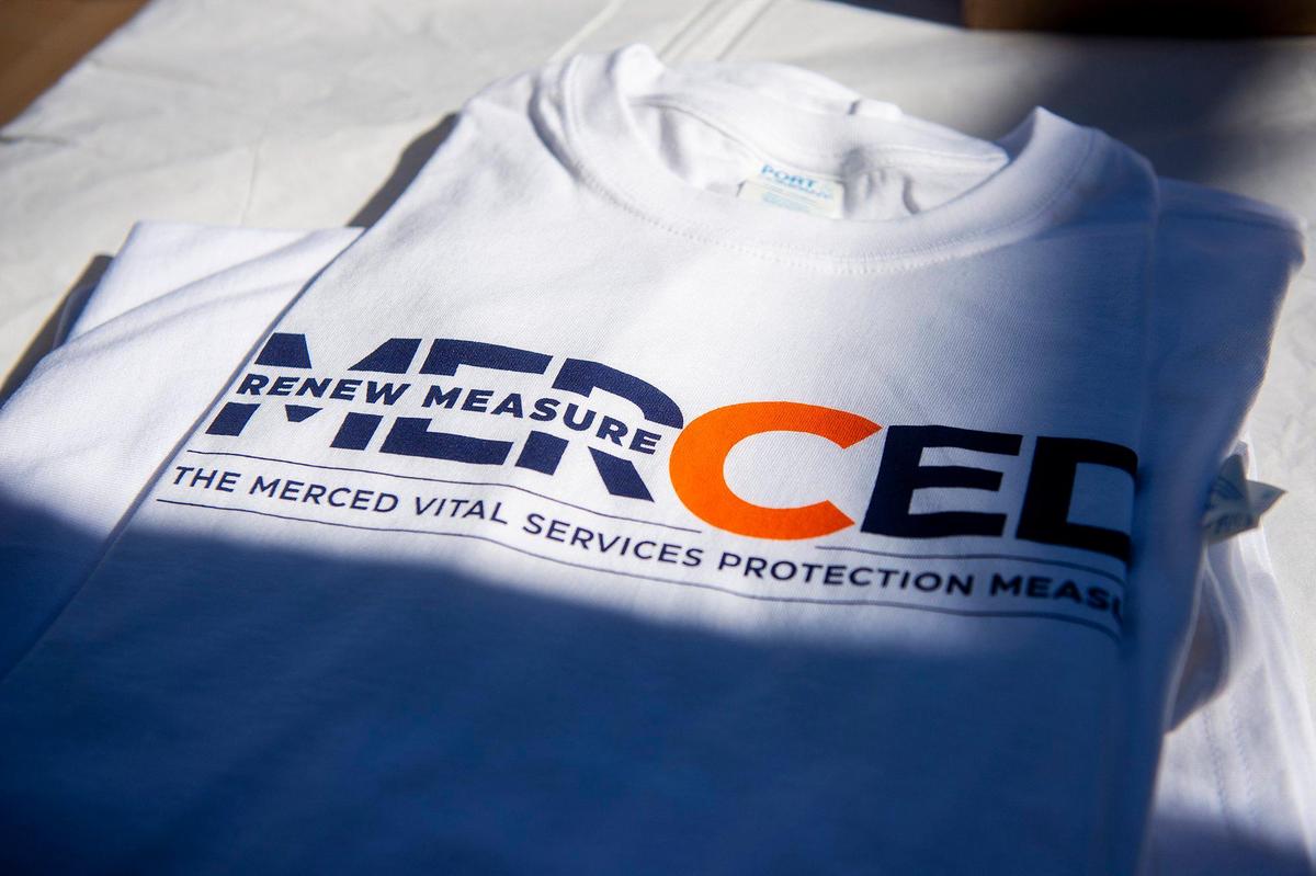 The Committee for a Safer Merced holds a kickoff rally for a petition drive to renew Measure C outside the Merced Civic Center in Merced, Calif., on Thursday, April 13, 2023. The half-cent sales tax was approved in 2006 and funds more than 30 public safety positions as well as providing resources for emergency responses and road improvements. The measure is set to expire in 2026.