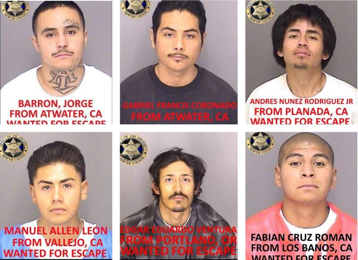 Escaped Merced County inmates, clockwise from left to right, Jorge Barron, Gabriel Francis Coronado, Angel Nunez Rodriguez Jr, Manuel Allen Leon, Edgar Eduardo Ventura Jr. and Fabian Cruz Roman are shown.