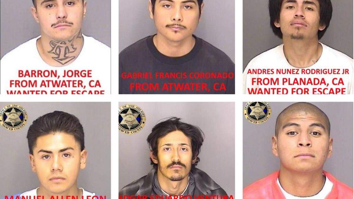 Escaped Merced County inmates, clockwise from left to right, Jorge Barron, Gabriel Francis Coronado, Angel Nunez Rodriguez Jr, Manuel Allen Leon, Edgar Eduardo Ventura Jr. and Fabian Cruz Roman are shown.
