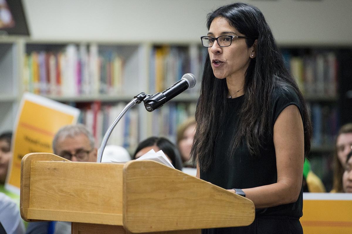 Golden Valley High School Social Studies and Women’s Studies teacher Annie Delgado, speaks during a Merced Union High School District meeting at Golden Valley High School in Merced, Calif., on Wednesday, May 9, 2018. Delgado alleged the school district mishandled her report after she experienced sexual harassment and battery by a colleague in 2017.