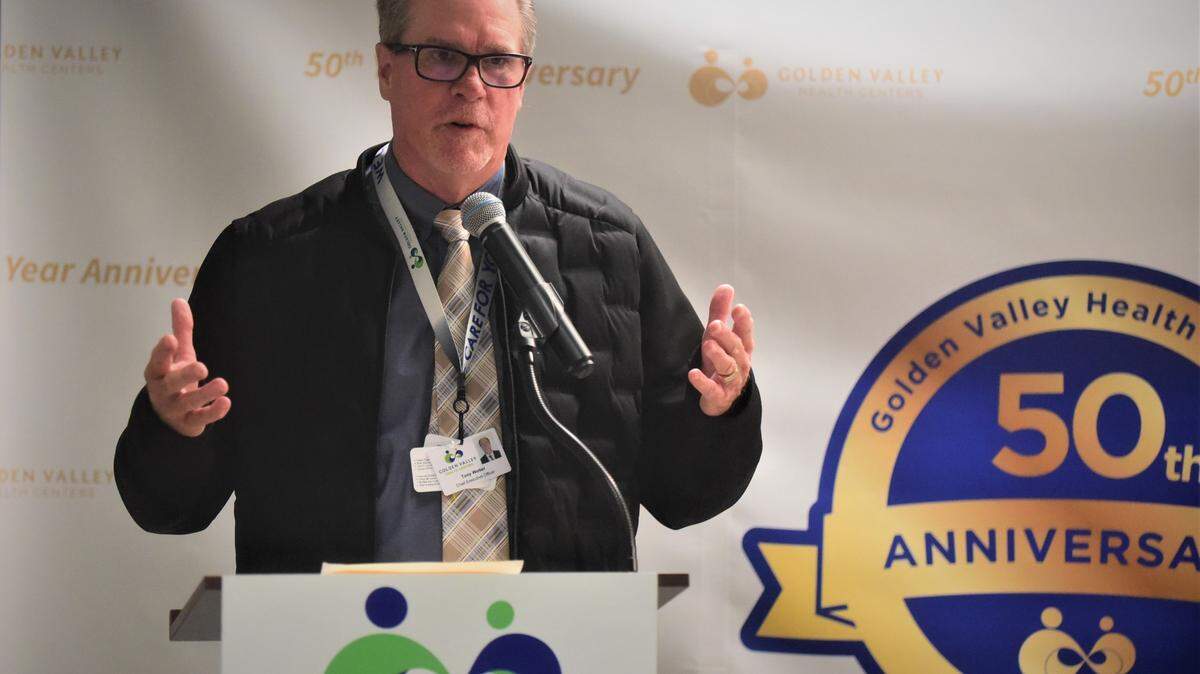 Golden Valley Health Centers CEO Tony Weber speaks during an event celebrating 50 years of service in Merced County for Golden Valley Health Centers in Merced, Calif. on Thursday, Jan. 20, 2022.
