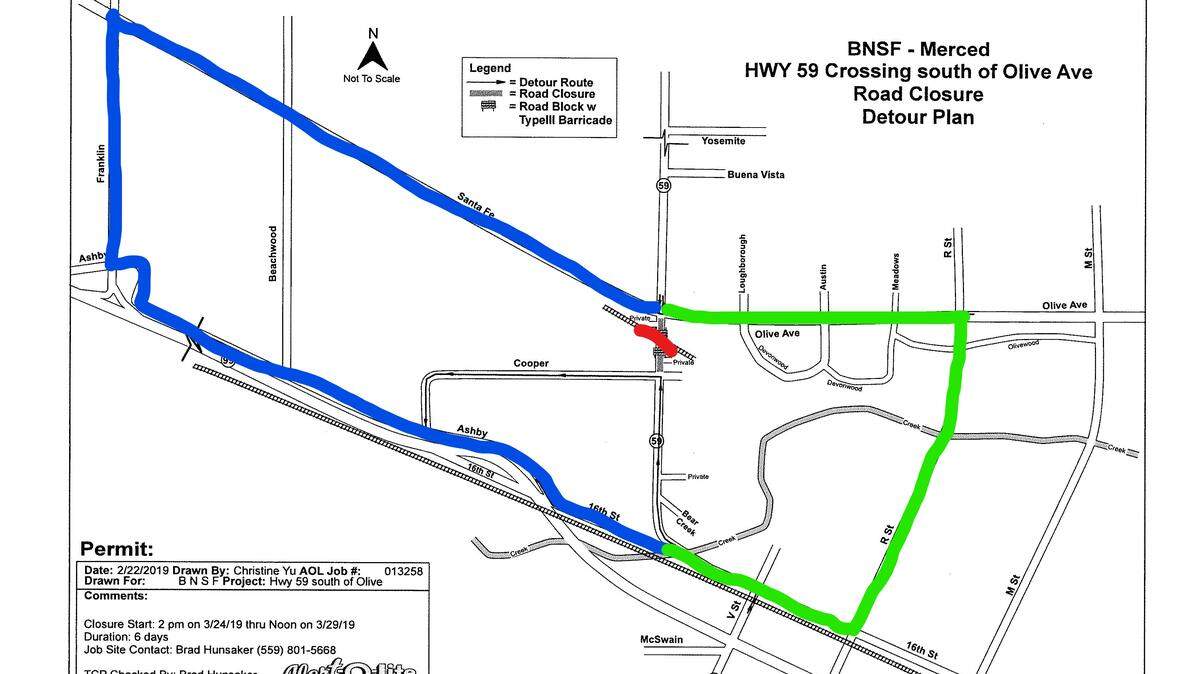 The crossing on Route 59, just south of Olive Avenue and marked in this map with red, will be closed between Sunday, March 24, through March 29, according to Burlington Northern Santa Fe Rail Road Company and Alert-O-Lite. A truck detour has been set up marked in blue. All other vehicles are urged to take the R Street detour marked in green.