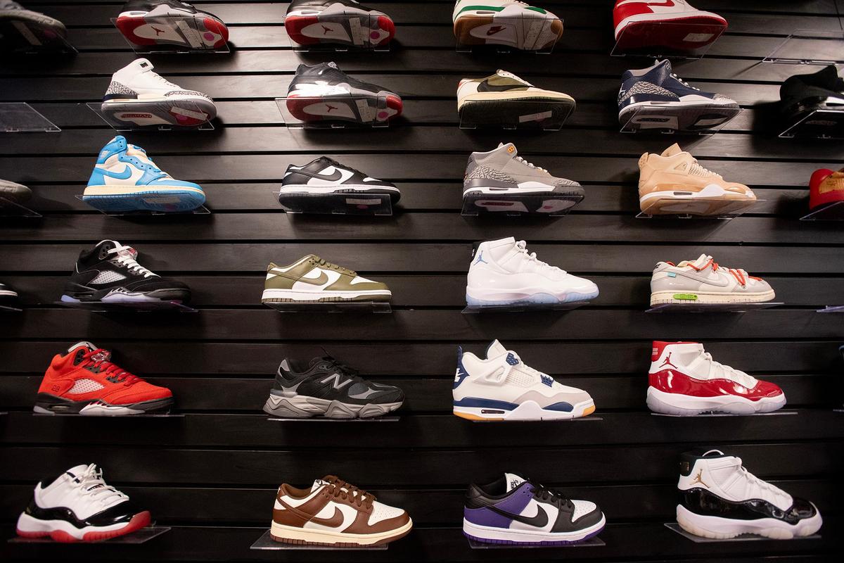 Sneakers for sale are displayed on the wall inside The Come Up Kickz located inside the Marketplace at Merced in Merced, Calif., on Friday, May 16, 2025. The business sells, buys and trades merchandise such as sneakers, collectibles, designer items and clothing.