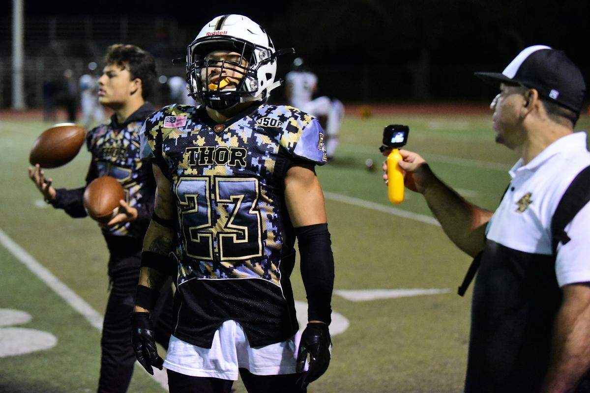 Buhach Colony’s Youlas Dickson comes to the sideline after a long punt return in a game against El Capitan on Thursday, Oct. 3, 2019 at Dave Honey Stadium in Atwater, Calif.