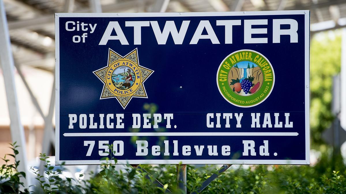 A sign for Atwater City Hall and Police Department is seen along Bellevue Road in Atwater, Calif., on Tuesday, Aug. 14, 2018 
