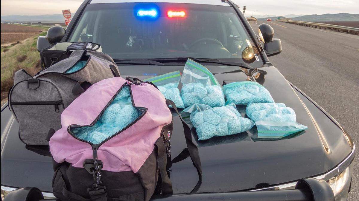 This January 2022 photo shows about $3 million in fentanyl pills seized after a traffic stop in Fresno County by the California Highway Patrol.
