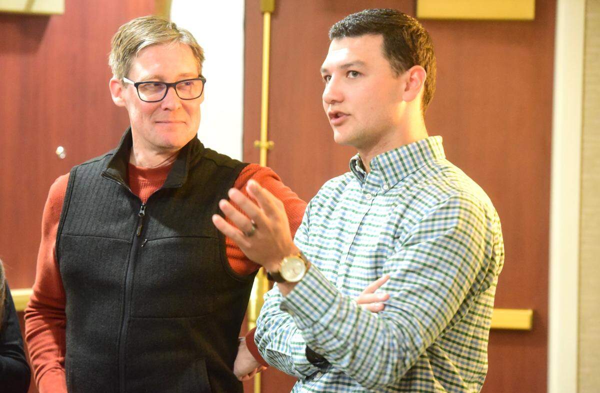 Merced City Council District 1 candidate Darin Dupont, (right) talks with Merced councilmember Shane Smith while waiting for election results at the Courtyard by Marriott in Merced, Calif. on Tuesday, Nov. 5, 2024.