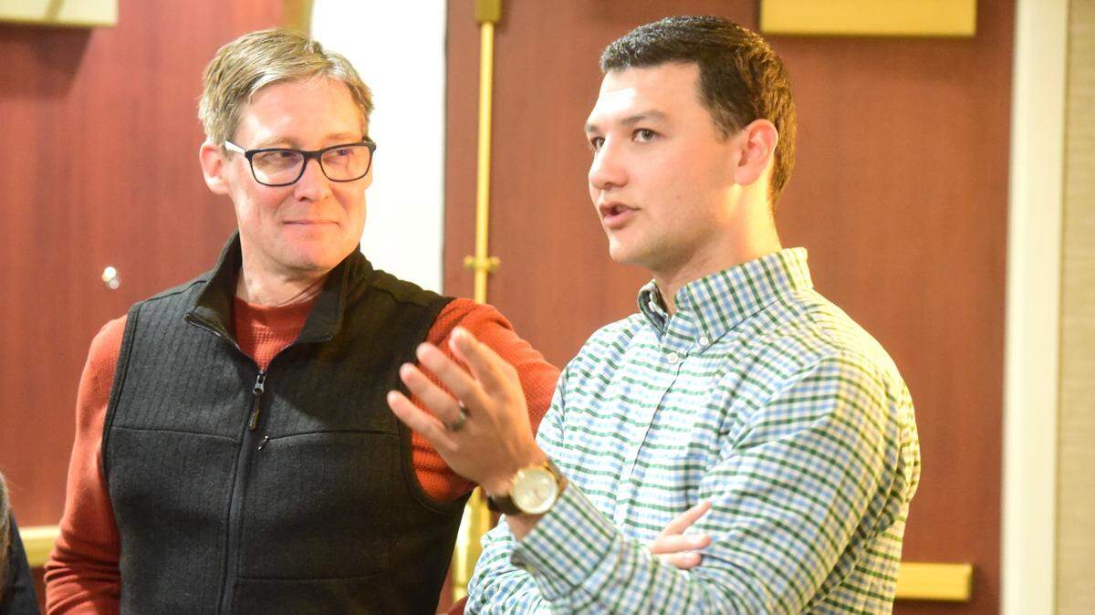Merced City Council District 1 candidate Darin Dupont, (right) talks with Merced councilmember Shane Smith while waiting for election results at the Courtyard by Marriott in Merced, Calif. on Tuesday, Nov. 5, 2024.