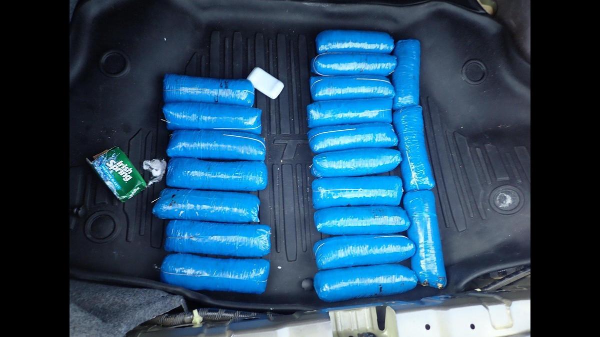 A 28-year-old Phoenix man was arrested after a California Highway Patrol officer and CHP K-9 found about 26 pounds of pills suspected of containing fentanyl during a Merced County traffic stop, according to the CHP. Image courtesy of California Highway Patrol.