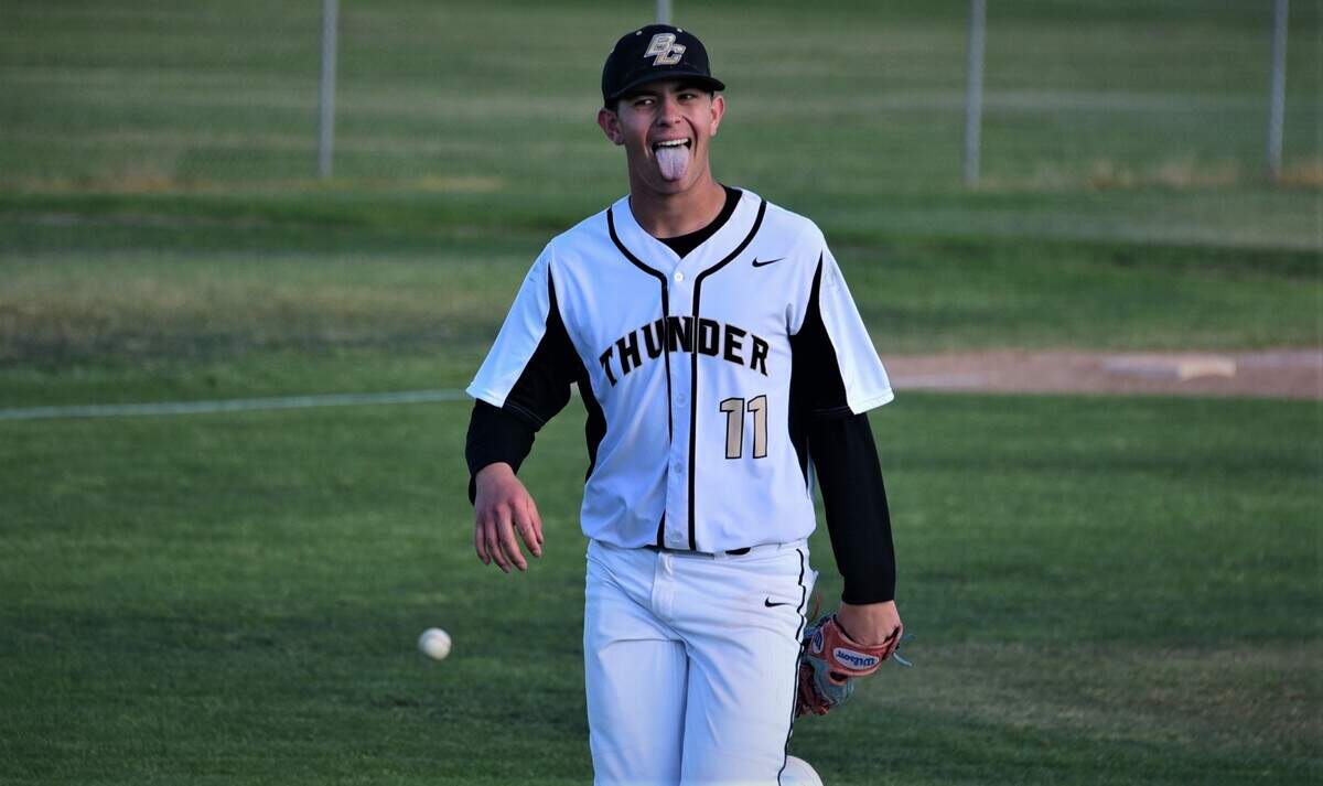 Buhach Colony pitcher Spencer Lanz celebrates after recording the final out of a 3-1 playoff win over Mountain House on Tuesday, May 10, 2022 at Buhach Colony High School in Atwater, Calif.