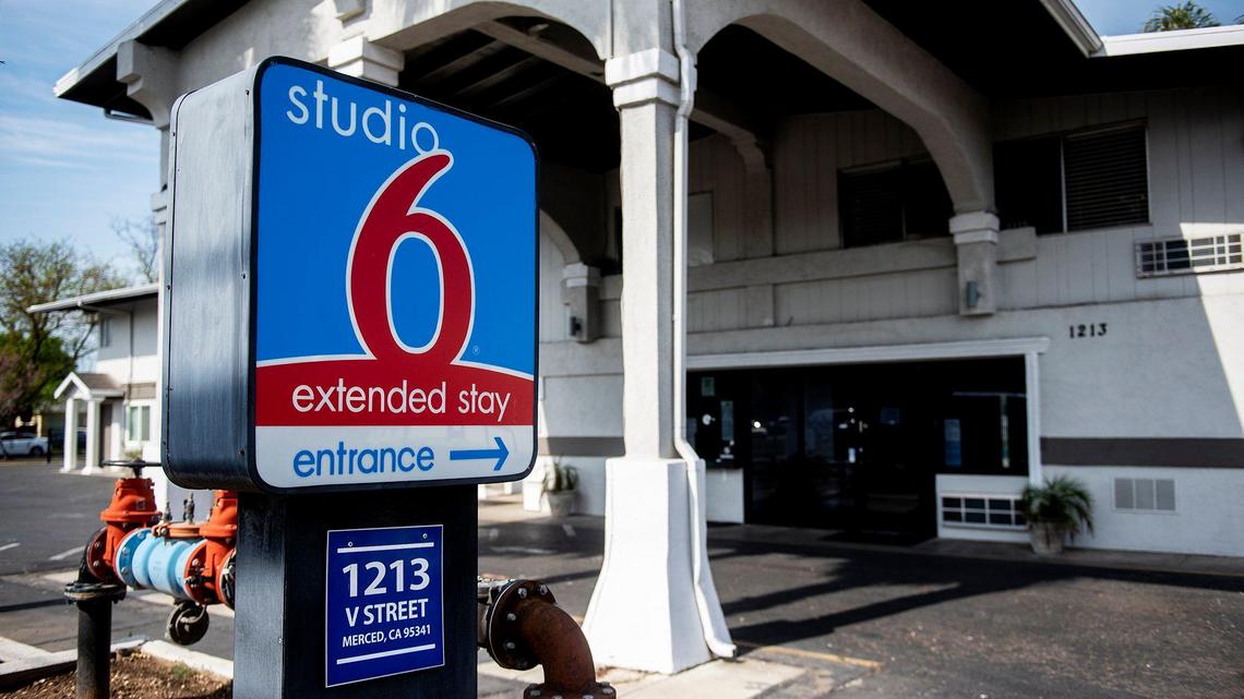 The Studio 6 extended stay motel located at 1213 V Street in Merced, Calif., on Wednesday, March 30, 2022. The City of Merced will receive $24 million from the State of California’s Project Homekey funding to acquire and rehabilitate the existing motel creating about 96 units including a manager’s unit, to provide housing for those experiencing homelessness or at risk of experiencing homelessness.