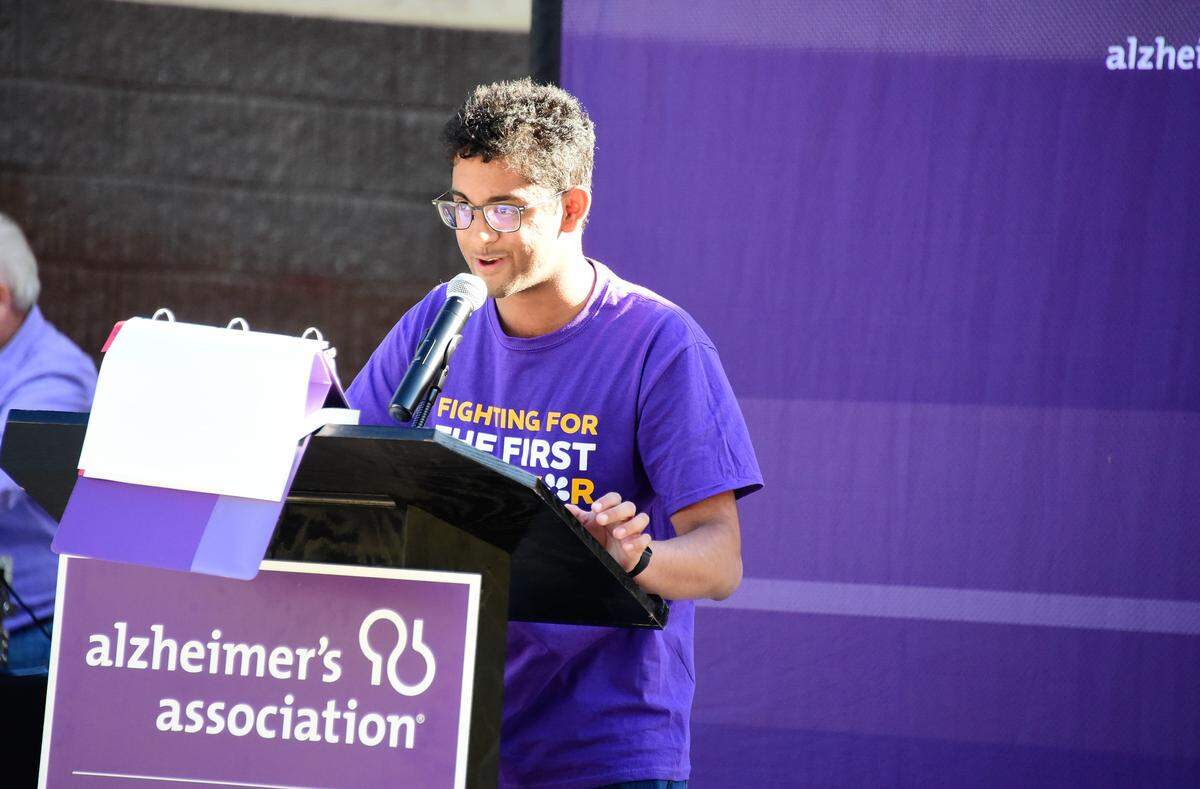 UC Merced sophomore Kumaran Akilan speaks during the Walk to End Alzheimer’s event at Applegate Park on Saturday, Oct. 5, 2019.