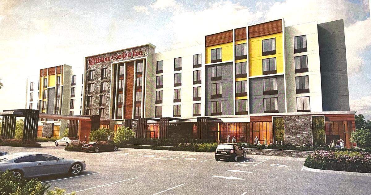 A rendering of what the Hilton Garden Inn will look like when construction is completed at Campus Parkway Plaza in Merced, Calif.