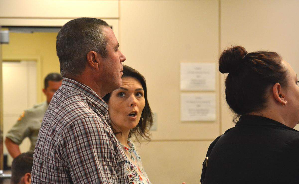 The girlfriend of former Atwater police officer Dennis Frank, 44, defends Frank to Merced County Judge Carol Ash after he was convicted of domestic violence battery against her during his sentencing hearing Thursday, June 20, 2019, in Merced Superior Court.