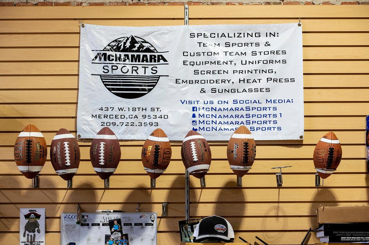 Athletic equipment for sale at McNamara Sports, located at 437 W. 18th Street in Merced, Calif., on Monday, May 8, 2023. The family owned store which sells athletic equipment, team uniforms, business apparel and offers screen printing and embroidery services, is celebrating 100 years in business