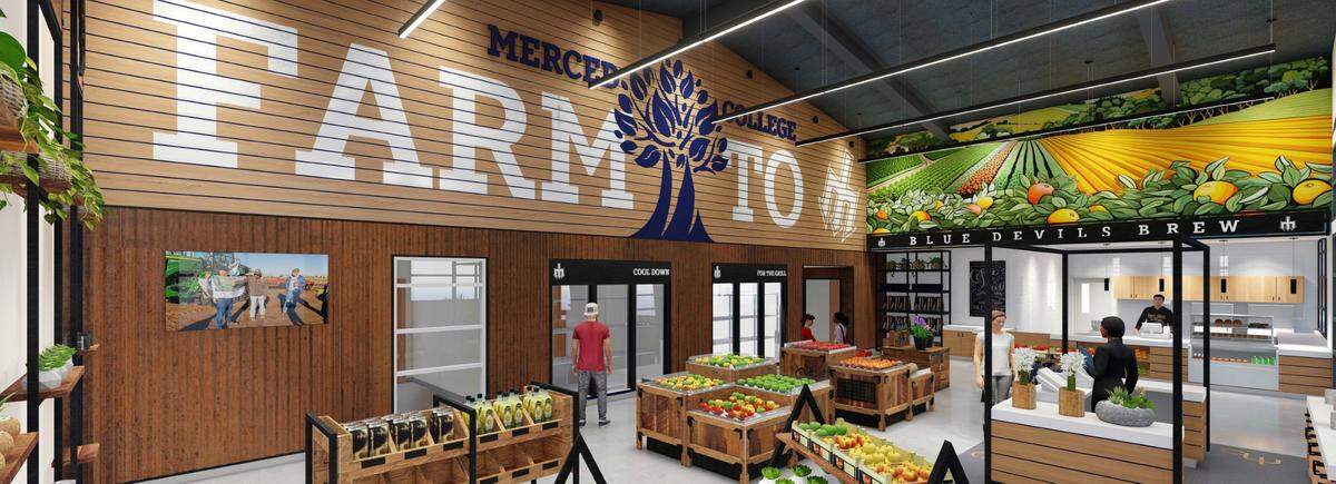 A rendering of a community farm market that will be part of Merced College’s new $22 million AgTEC Innovation Center. Construction will start on the project the next couple weeks with completion expected in the Fall of 2027.