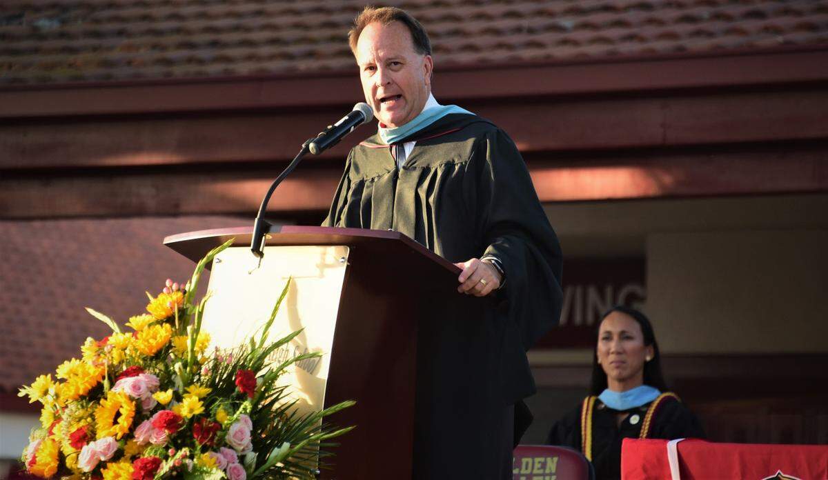 Golden Valley High School principal Kevin Swartwood addresses the crowd during the school’s graduation ceremony on Thursday, June 1, 2023.