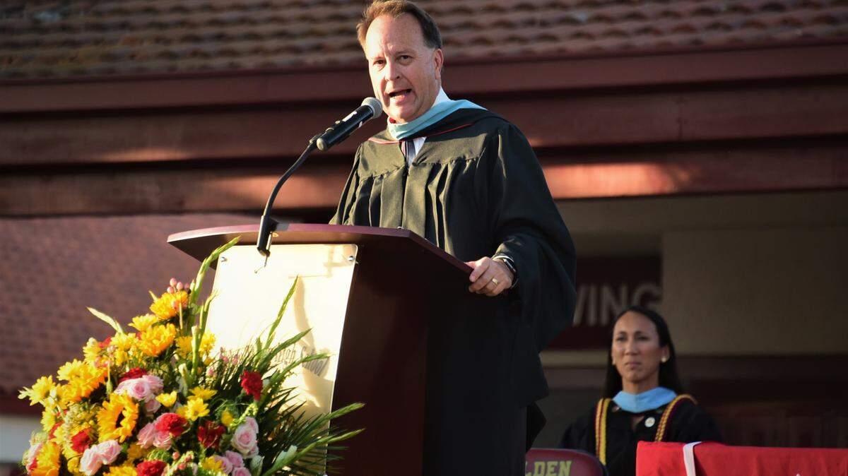 Golden Valley High School principal Kevin Swartwood addresses the crowd during the school’s graduation ceremony on Thursday, June 1, 2023.