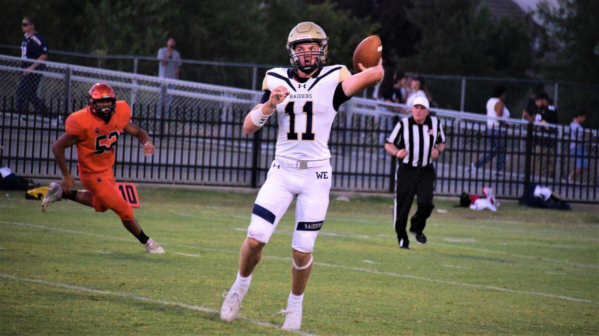 Central Catholic High School quarterback TP Wentworth throws a pass during a game against Merced High School on Friday, Aug. 19, 2022 at Cathie Hostetler Stadium in Merced, Calif.