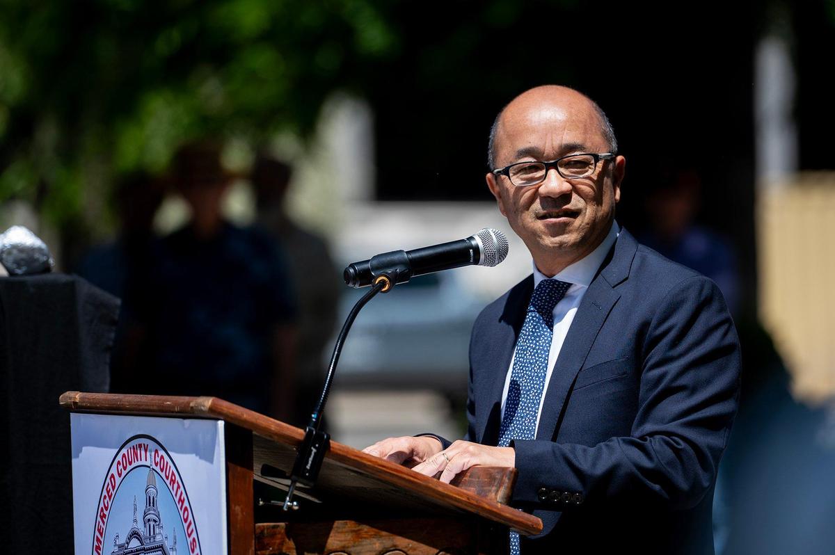 Merced County Superior Court Judge Paul Lo speaks during a rededication ceremony for the historic Merced County Courthouse in Merced, Calif., on Monday, May 5, 2025. The ceremony was held 150 years to the day from when the courthouse was originally dedicated in 1875.