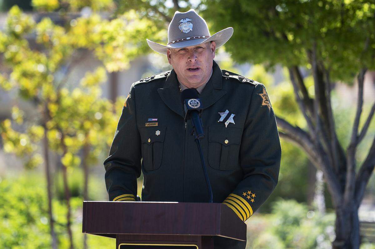 Merced County Undersheriff Corey Gibson speaks during the annual Merced County Peace Officers Memorial Ceremony in Merced, Calif., on Wednesday, May 29, 2024. The ceremony honors law enforcement officers who died in the line of duty.