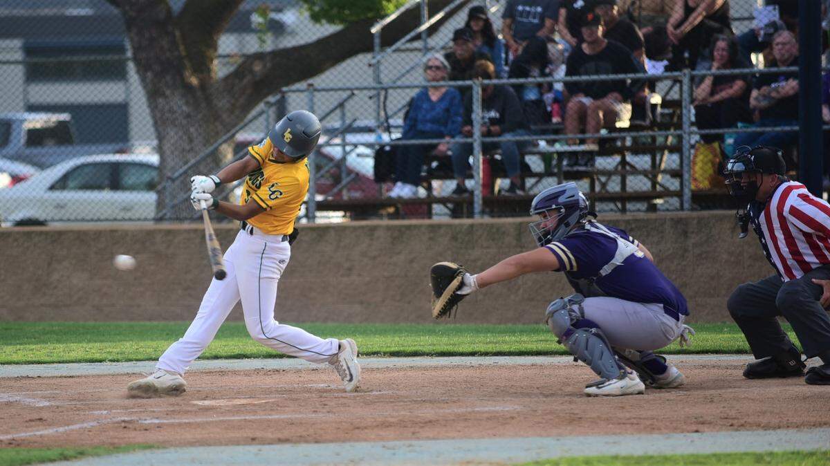 Le Grand High School freshman Diego Martinez singles during the Merced County All-Star Baseball Game on Saturday, June 10, 2023 at Merced College.