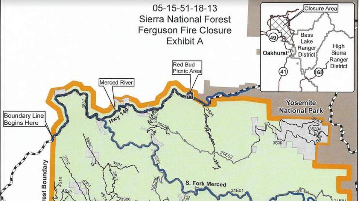 Forest officials have officially closed all forest roads and trails in this large part of the Sierra National Forest due to safety concerns and to aid in ongoing firefighting efforts to extinguish the Ferguson Fire, which had swelled to more than 12,500 acres Tuesday, July 17, 2018.