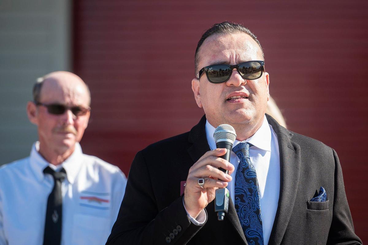 Delhi Unified School District Superintendent Jose Miguel Kubes speaks to attendees during a ribbon cutting ceremony to celebrate the opening of the new Career and Technical Education building on the Delhi Unified School District campus in Delhi, Calif., on Tuesday, April 9, 2024. According to the district, classes in agricultural mechanics and welding will be offered to students beginning in the fall of 2024.