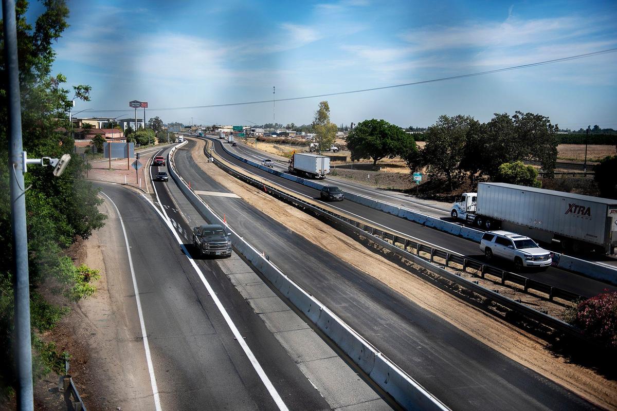 The spit northbound lanes of Highway 99 run underneath Childs Avenue in Merced, Calif., on Wednesday, May 18, 2022.