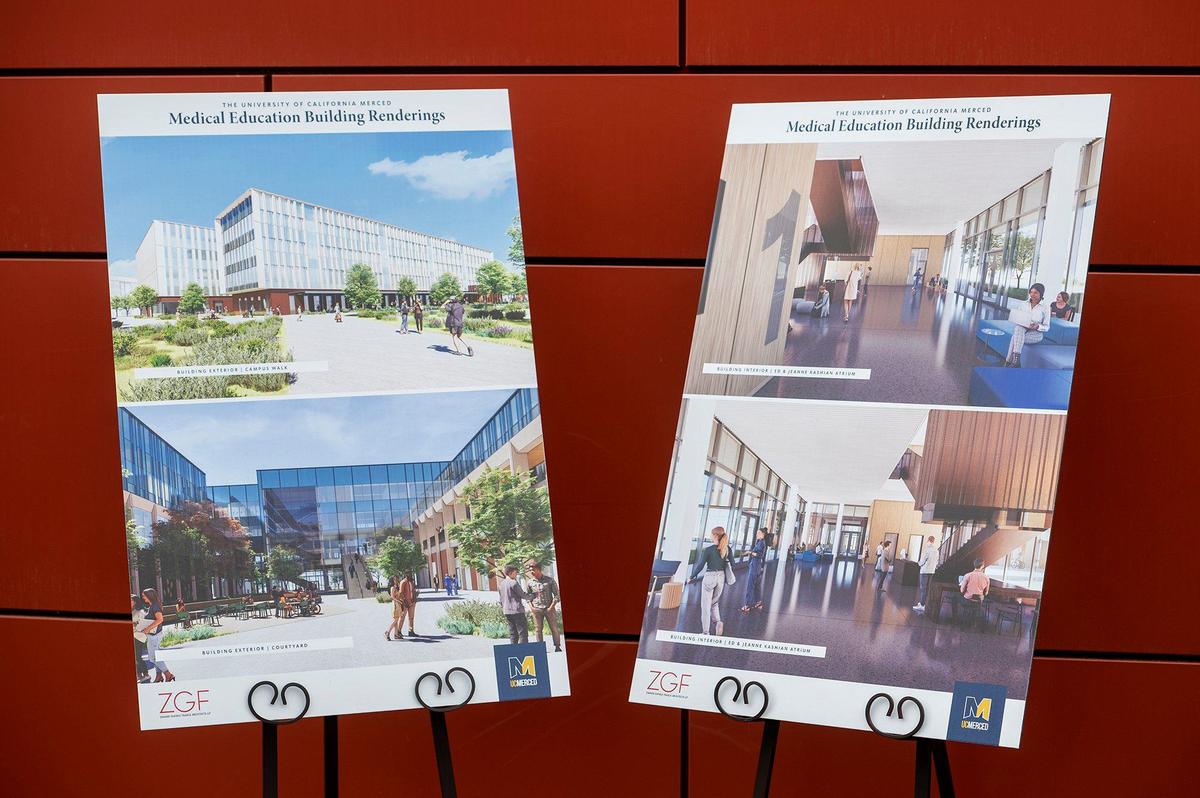 Renderings of the University of California, Merced Medical Education Building on display during a groundbreaking ceremony on the university’s campus in Merced, Calif., on Tuesday, May 14, 2024. Construction of the $300 million 203,500 square foot facility, is expected to be completed in the fall of 2026.