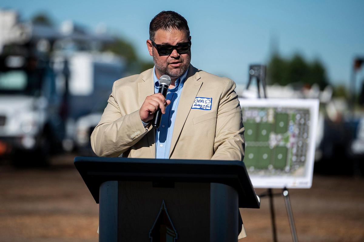 City of Merced Director of Parks and Recreation, Christopher Jensen, speaks during a groundbreaking ceremony at Community Park 42 which is slated to become a regional sports complex in Merced, Calif., on Wednesday, July 26, 2023. The nearly 40 acre park which is located at the corner of Mission Avenue and Tyler Road in south Merced, will feature soccer and football fields as well as basketball courts, tennis courts, pickle ball courts and a futsal court, according to the city. The park will also feature restroom facilities, concessions, pavilions, playgrounds and a walking path.