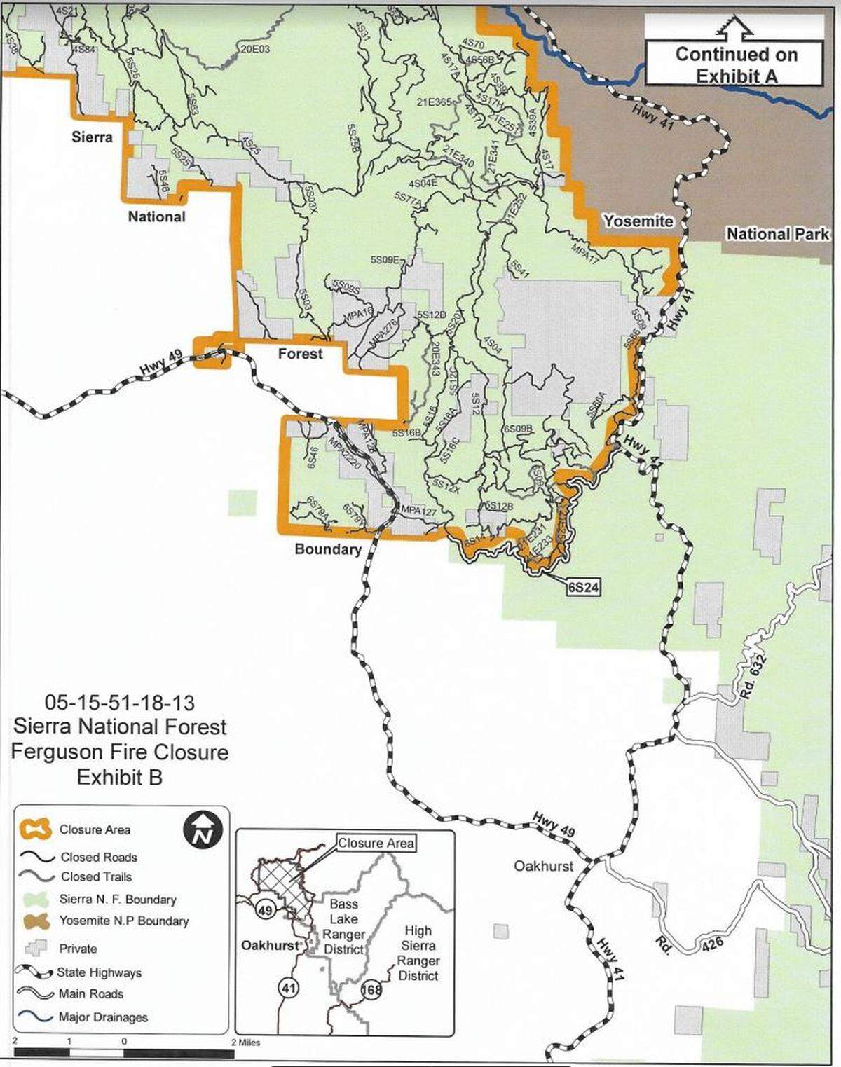 Forest officials have officially closed all forest roads and trails in this large part of the Sierra National Forest due to safety concerns and to aid in ongoing firefighting efforts to extinguish the Ferguson Fire, which had swelled to more than 12,500 acres Tuesday, July 17, 2018.