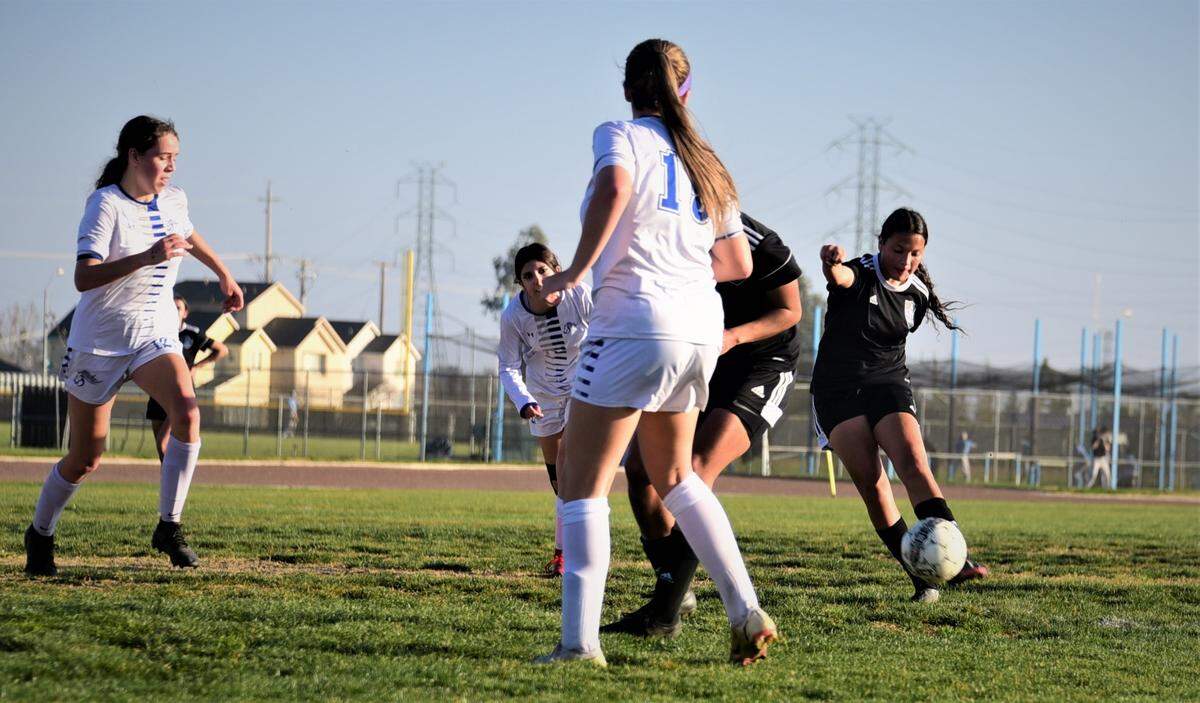 El Capitan High freshman Isabella Pangelina scores a goal in the second half during a 6-0 playoff win over Mountain House on Friday, Feb. 11, 2022.