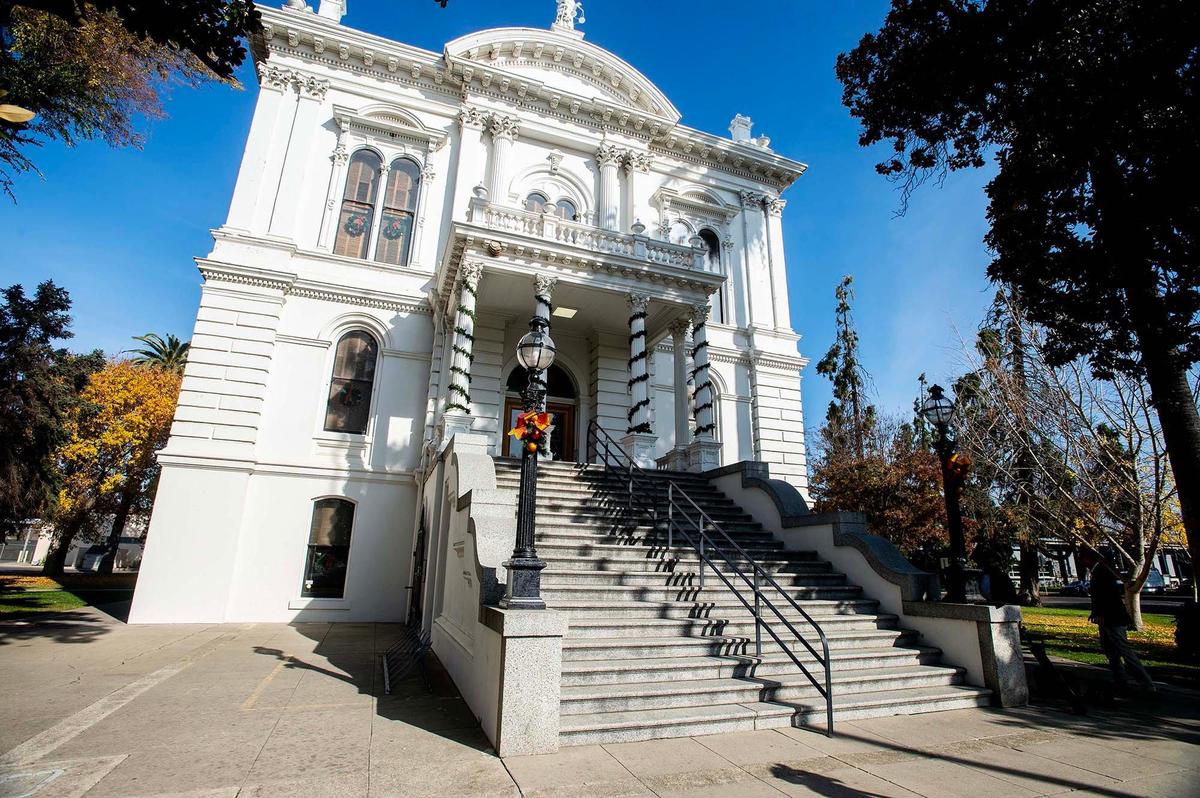 The Merced County Courthouse Museum during a ceremony to celebrate the start of a project to restore the exterior of the historic building in Merced, Calif., on Wednesday, Dec. 11, 2024. More than $3 million in funding was secured for the restoration process which will help to maintain the building’s structural integrity and long-term sustainability. County officials said a time capsule containing various items will be buried on the property upon completion of the restoration project.