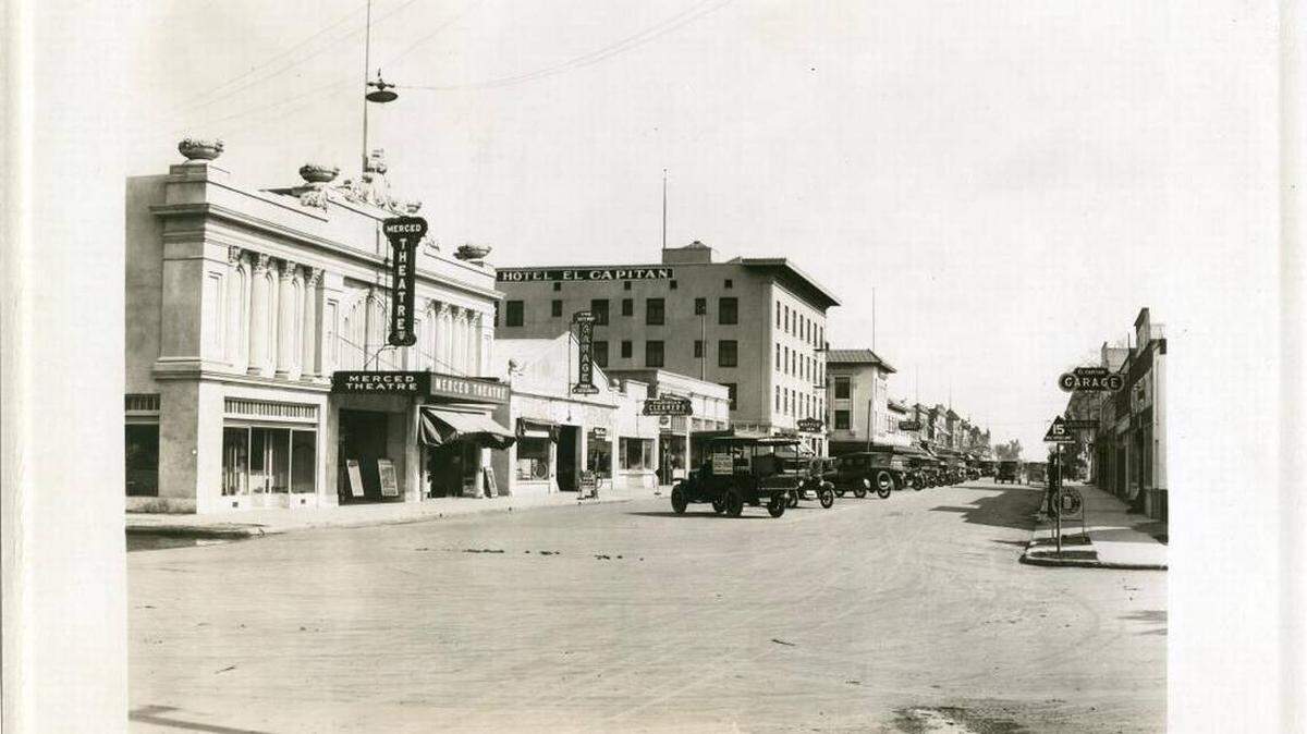 The original Merced Theatre on Main and N streets was built in 1920. The photo was taken on March 7, 1922, as the theater was showing “Handcuffs or Kisses,” starring Elaine Hammerstein. A poster-size reprint of this photo will be auctioned off at the Historical Society’s annual 25th Annual Bill Kirby Western Barbecue and Auction to benefit the Courthouse Museum.  