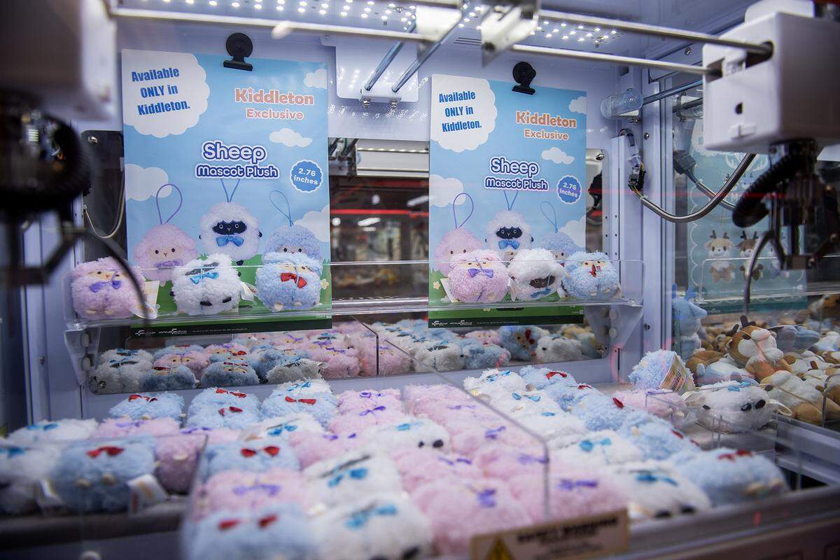 Plush toys inside a claw machine at the Kiddleton arcade, located inside the Marketplace at Merced in Merced, Calif., on Friday, Aug. 8, 2025. 