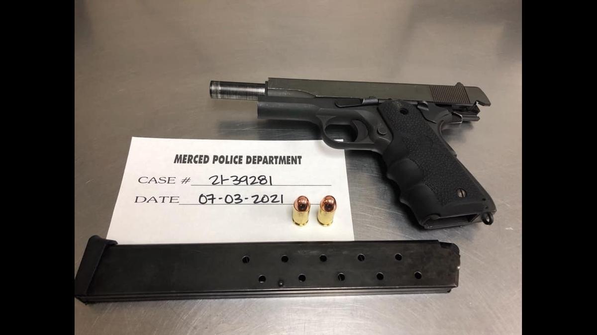 An alleged gang member was arrested by police after officers found ammunition and a stolen gun at a house party in Merced on July 3, according to the Merced Police Department. Officers responded to reports of illegal fireworks and possible shots fired. Image courtesy of Merced Police Department.
