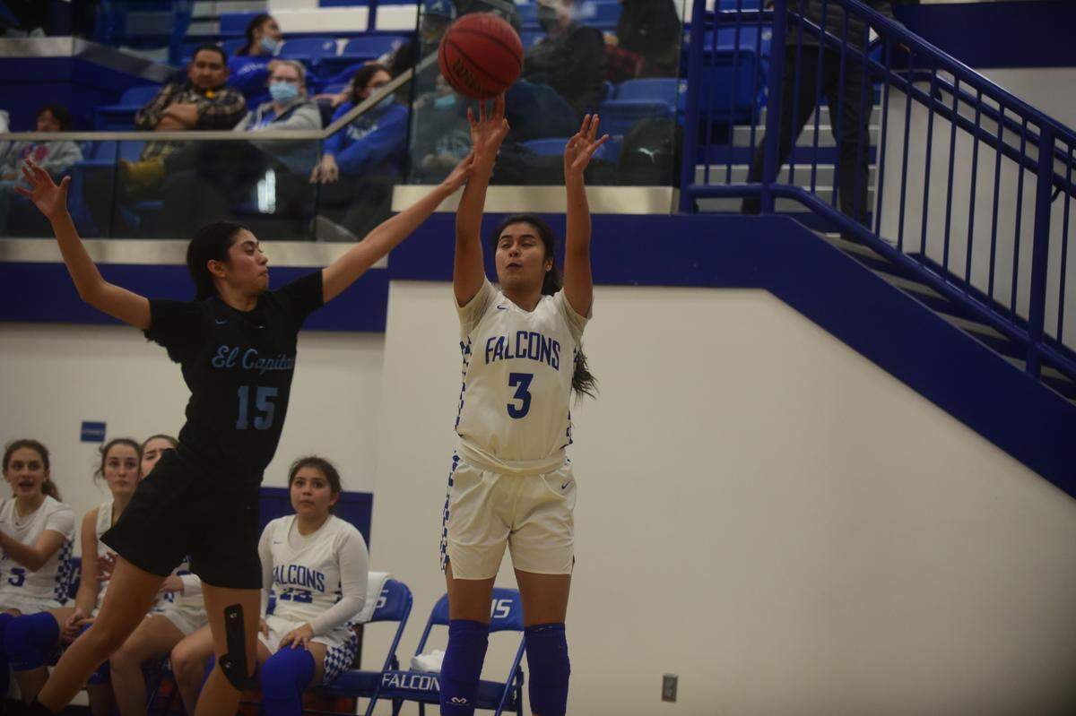 Atwater High senior Mariela Fernadez shoots a 3-pointer during a game against El Capitan on Thursday, Feb. 3, 2022 at Atwater High School in Atwater, Calif.