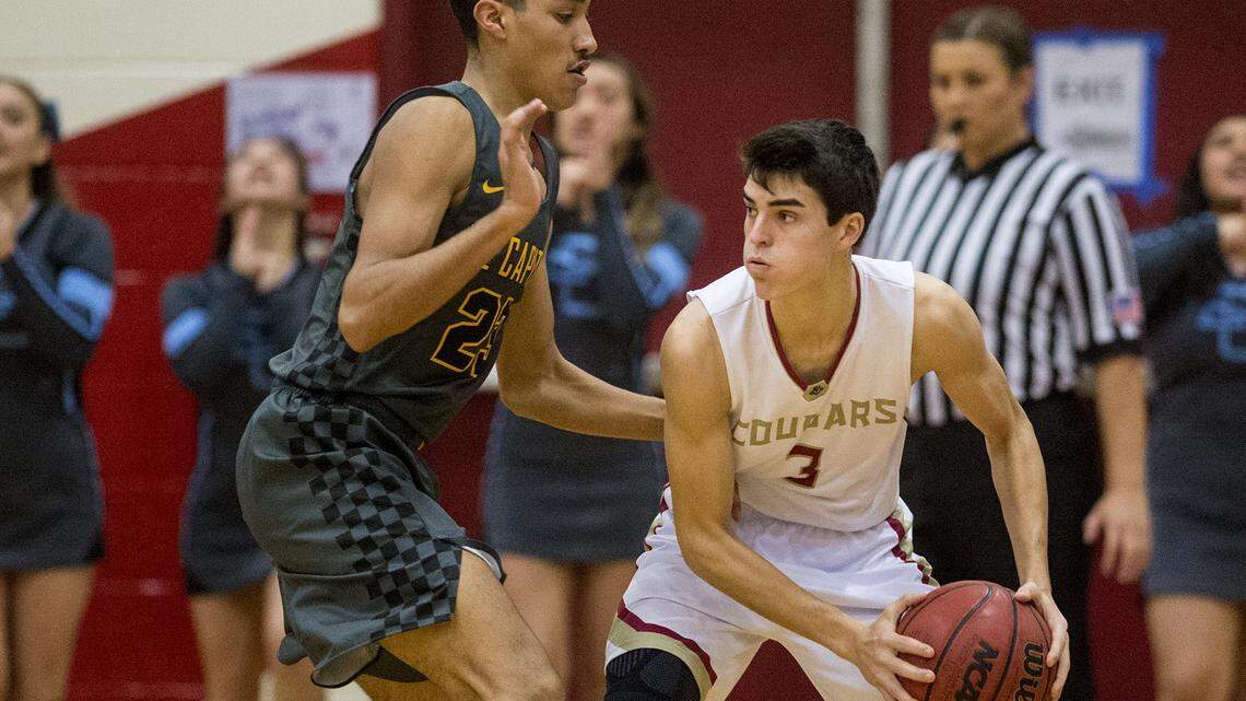 Golden Valley senior Bryan Livesay (3), shown here against El Capitan earlier this season, led the Cougars with 18 points in a 86-54 win over Buhach Colony on Friday night.