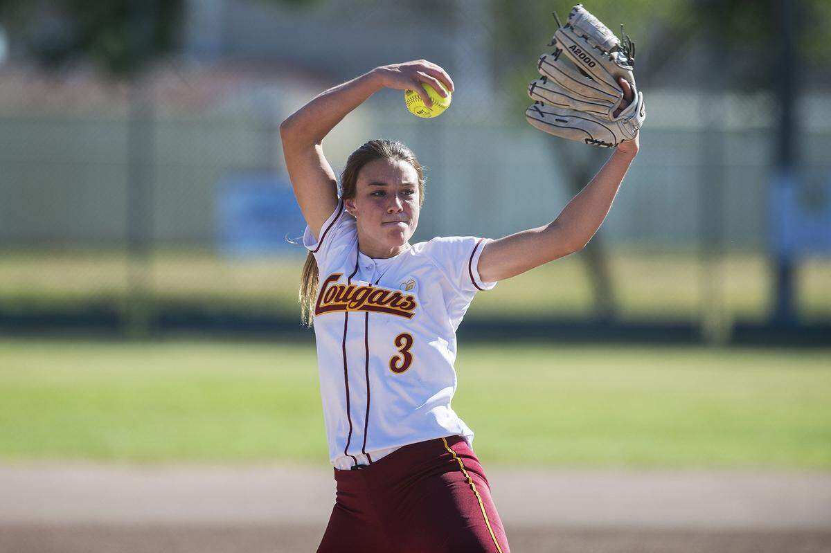 Golden Valley junior pitcher Marissa Bertuccio (3) delivers a pitch during a game against Atwater at Joe Herb Park in Merced, Calif., on Thursday, May 3, 2018. 