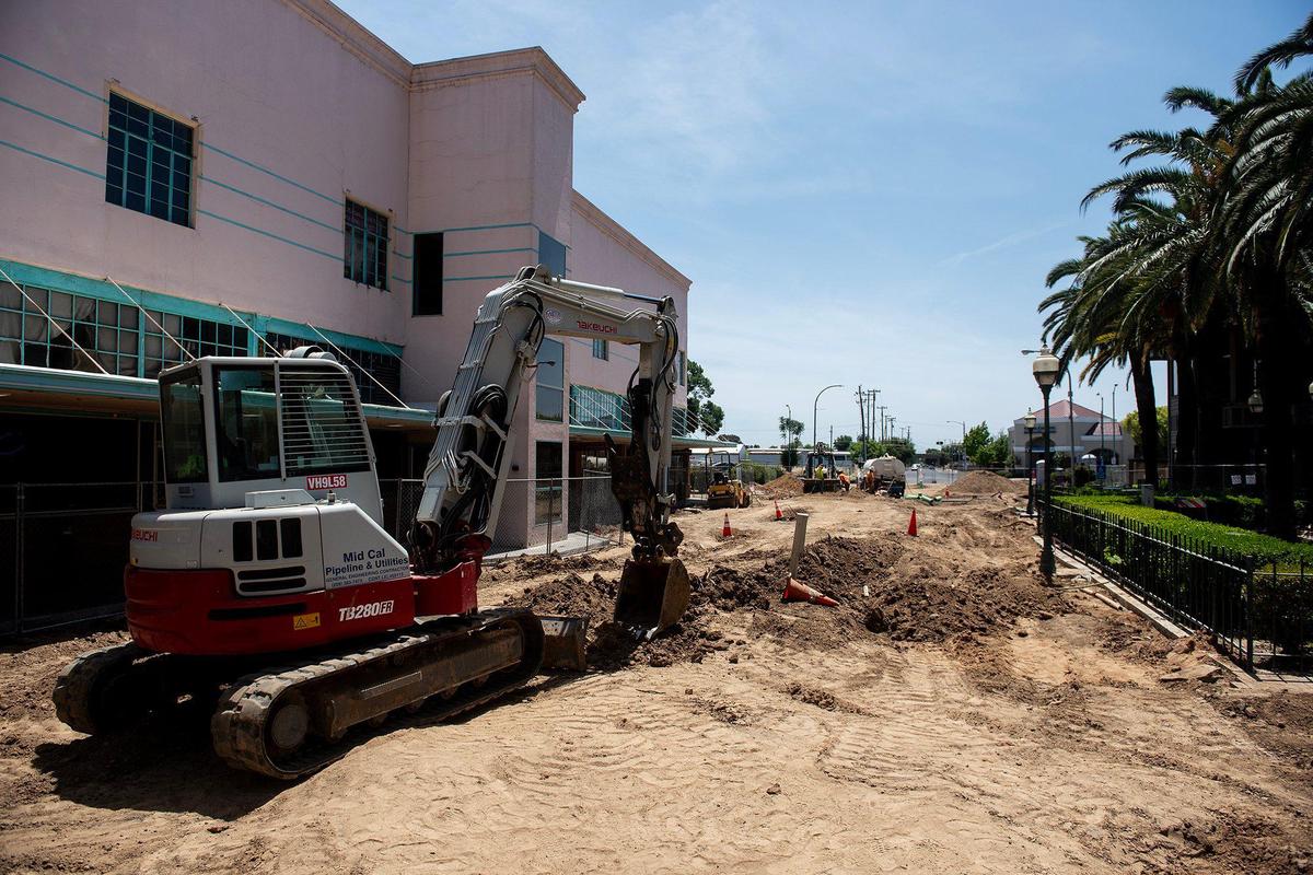Construction continues at Bob Hart Square in Merced, Calif., on Friday, May 16, 2025. According to the City of Merced, the renovation to the square will include an extended plaza-like design, the addition of trees, a seating area and a stage.