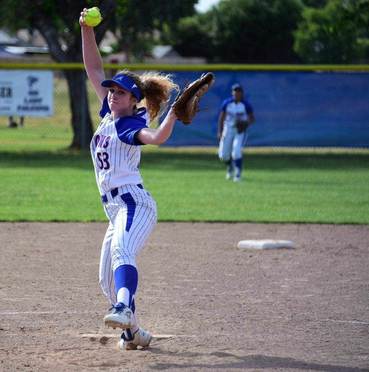 Atwater High senior Megan Escobar delivers a pitch during the Falcons’ 2-0 loss to Golden Valley on Monday, May 6, 2019 at Atwater High.