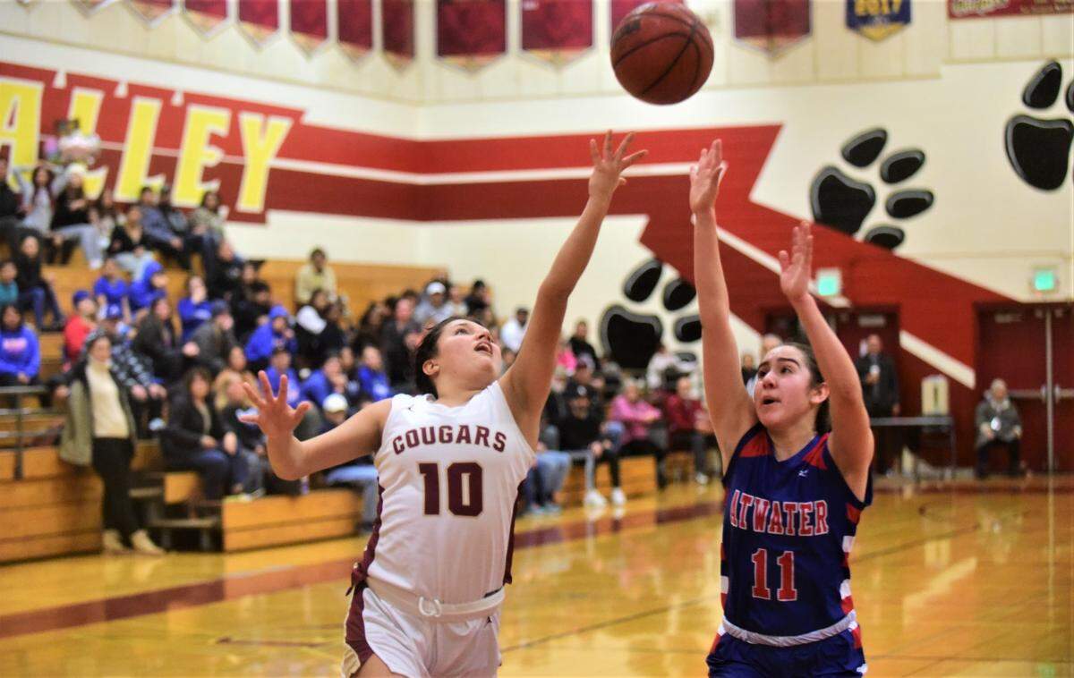 Golden Valley High senior Gracie Aguilar goes up for a layup for two of her 10 points during a game against Atwater on Thursday, Jan. 5, 2022 at Golden Valley High School.