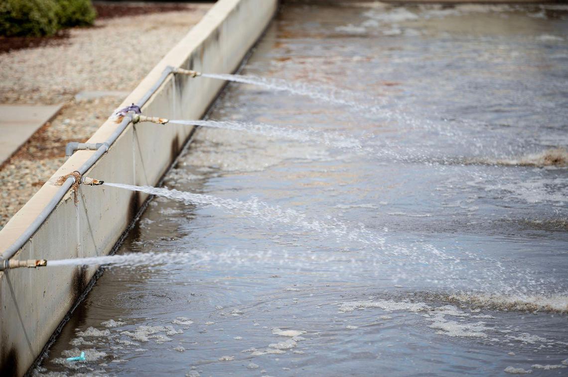 Wastewater in an aeration basin at the Wastewater Treatment Plant in Merced, Calif., on Thursday, Nov. 21, 2024.