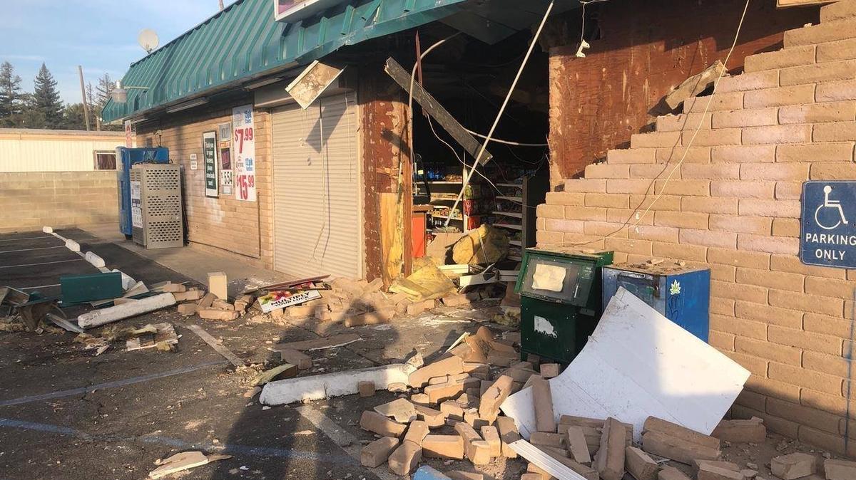 A photo of the damage to Bobbie’s Best Buy Liquor Store, located at 1595 E. Bellevue Road in Atwater. Police say a stolen truck backed into the building in the early hours of Thursday morning. Photo courtesy of the Atwater Police Department.